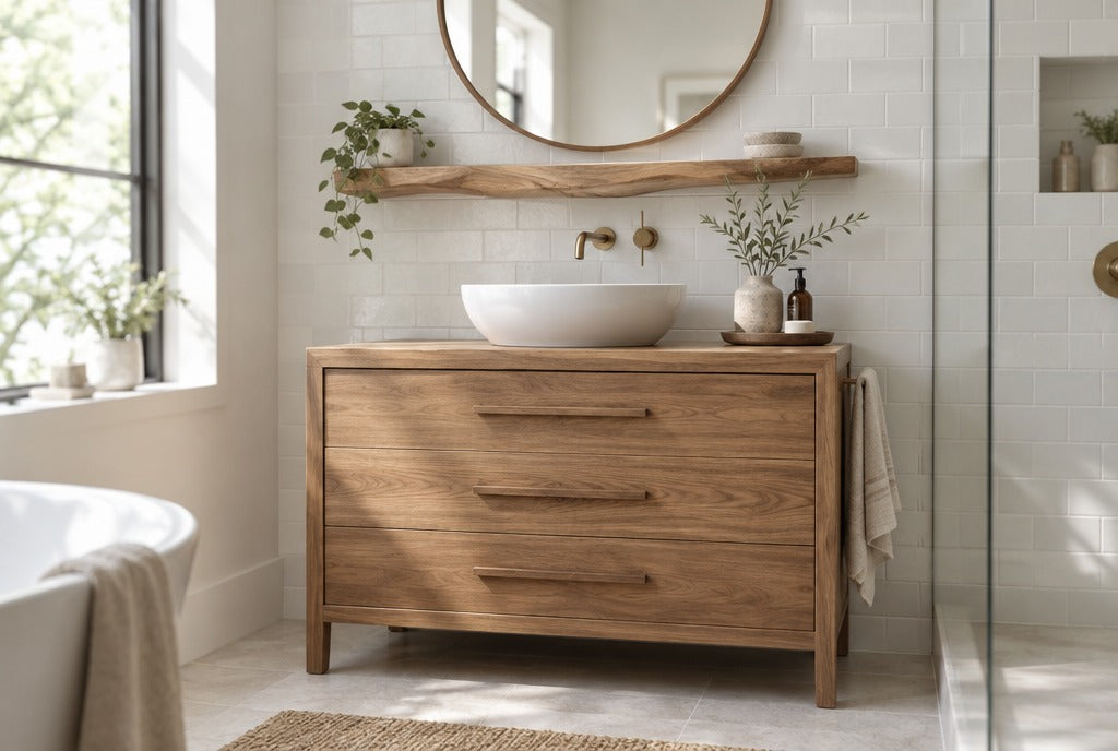 A solid wood freestanding bathroom vanity with drawers and a vessel sink in a bright remodeled bathroom with white tile, a round mirror and a sculpted wood shelf