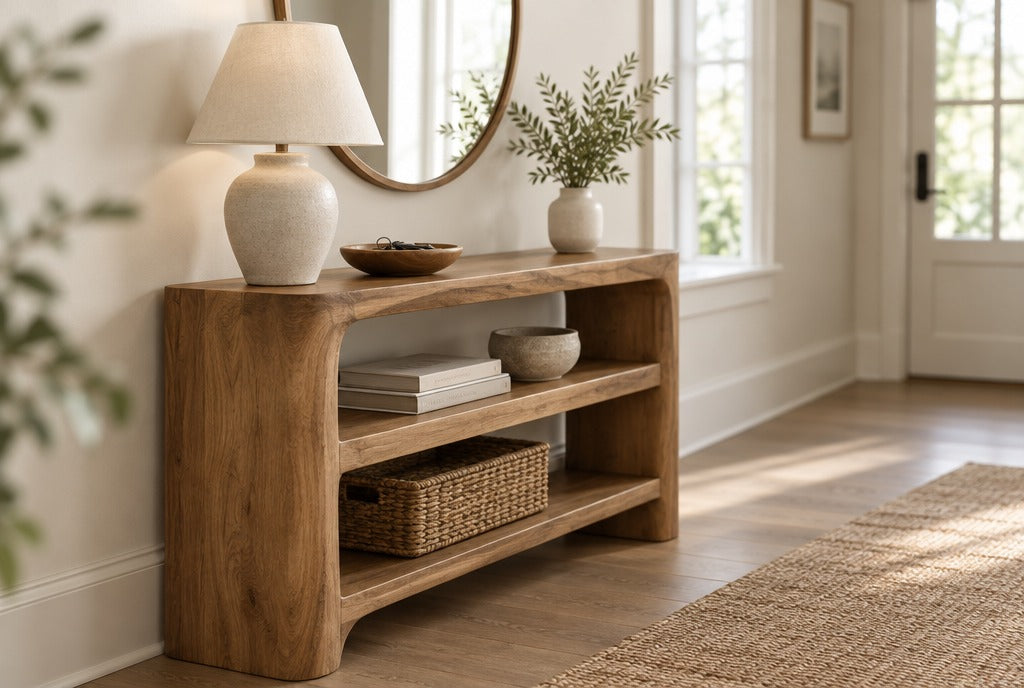 A sculpted solid wood console table with shelves in a bright hallway with a round mirror, a ceramic lamp and a bowl for keys
