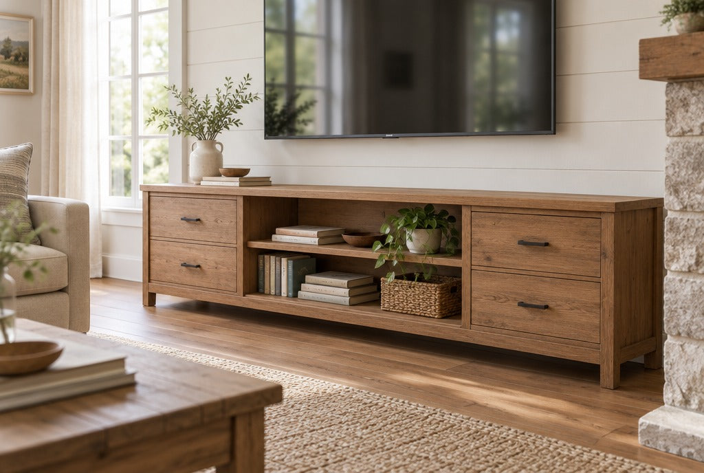 A long solid wood TV console with drawers and open shelves under a wall-mounted TV in a bright farmhouse living room, books and a plant on the shelves