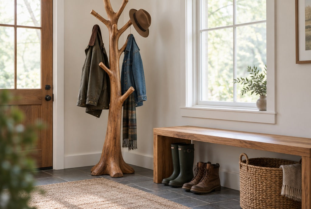 A bright mudroom entry with a sculpted solid wood tree coat rack holding jackets and a hat, a wooden bench with boots underneath and a woven basket