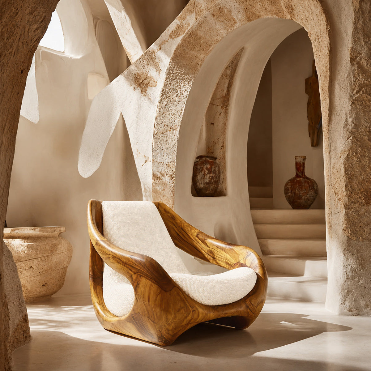 Sculptural Natural Wood Accent Chair