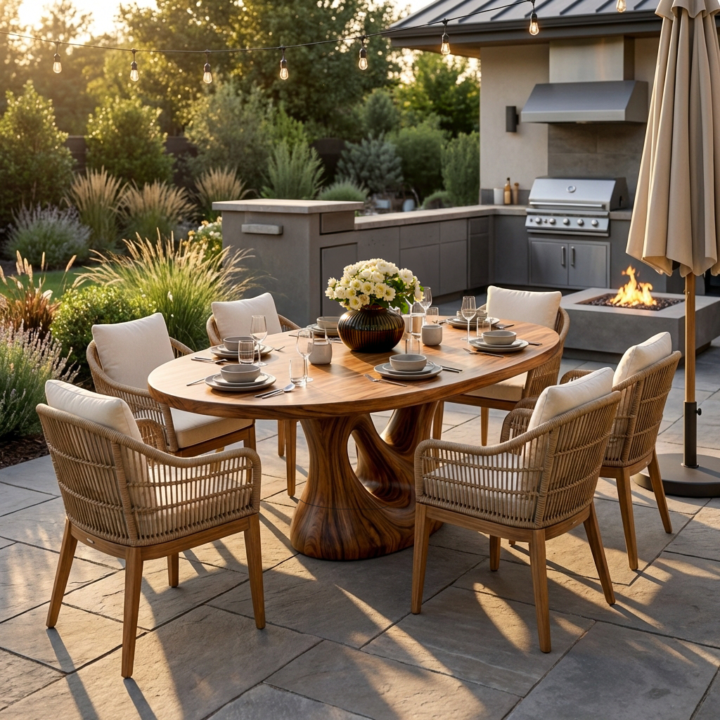 Farmhouse Wooden Dining Table With Sculptural Base For Dining Room