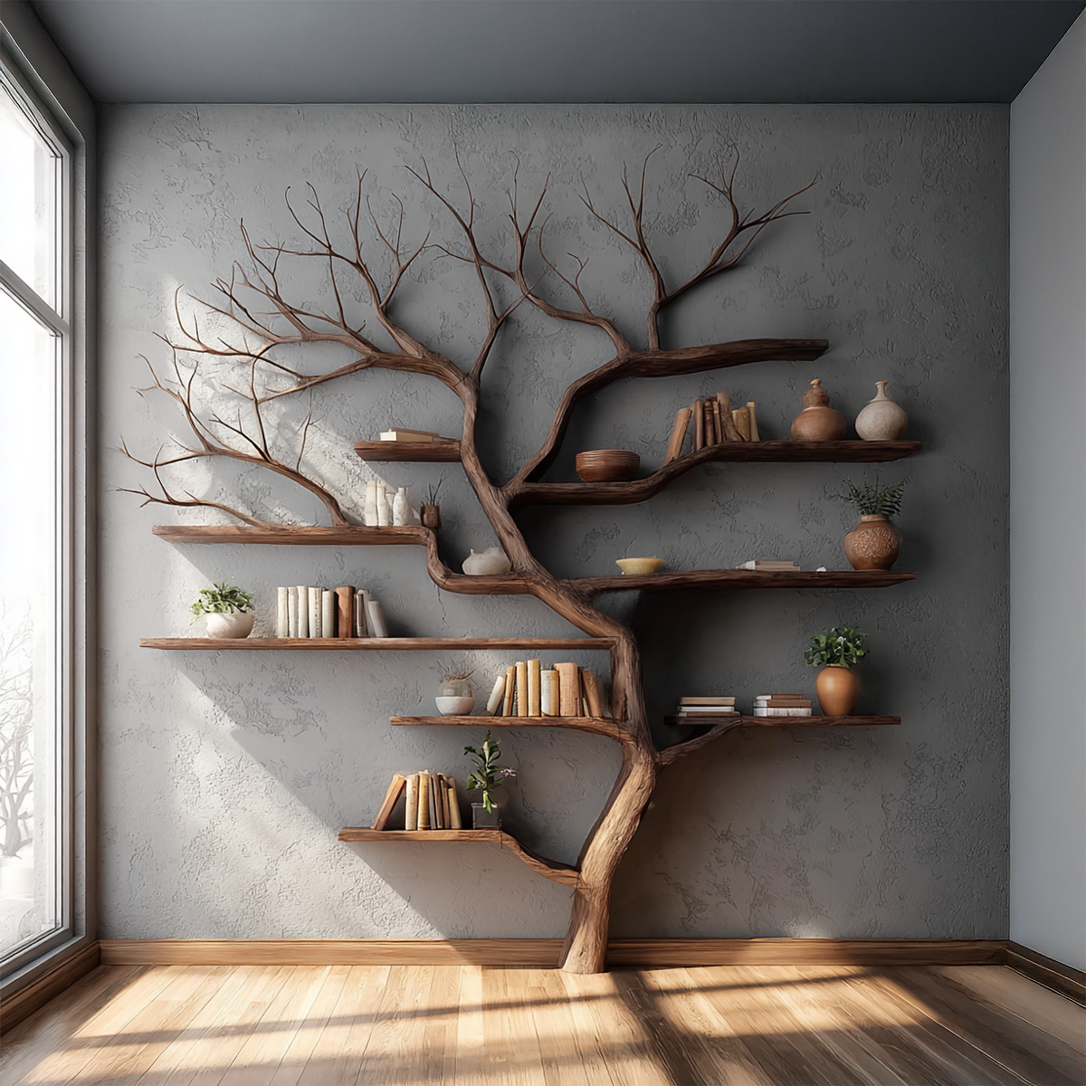 Rustic Tree Branch Bookshelf Living Wall