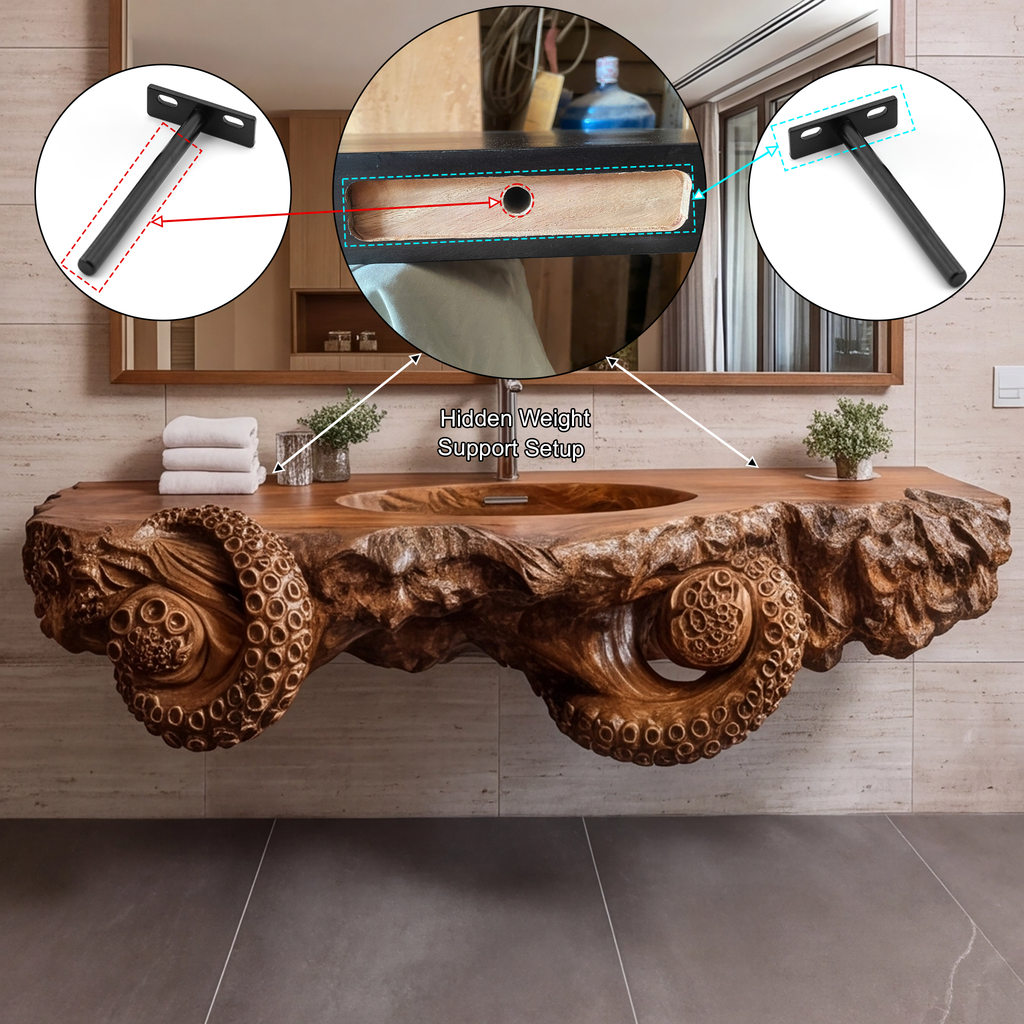 Velmora Octopus Form Sculpted Solid Wood Floating Bathroom Vanity With Integrated Sink