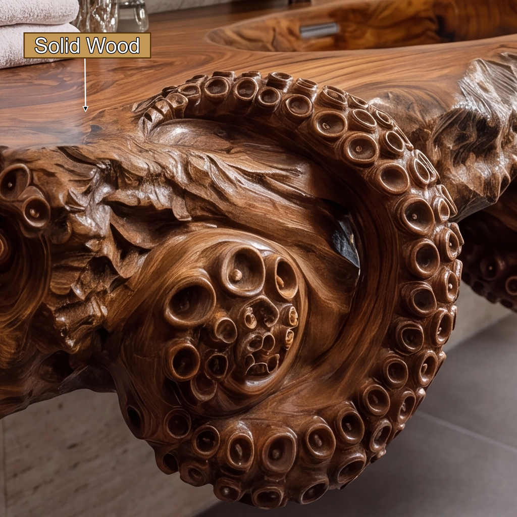 Velmora Octopus Form Sculpted Solid Wood Floating Bathroom Vanity With Integrated Sink