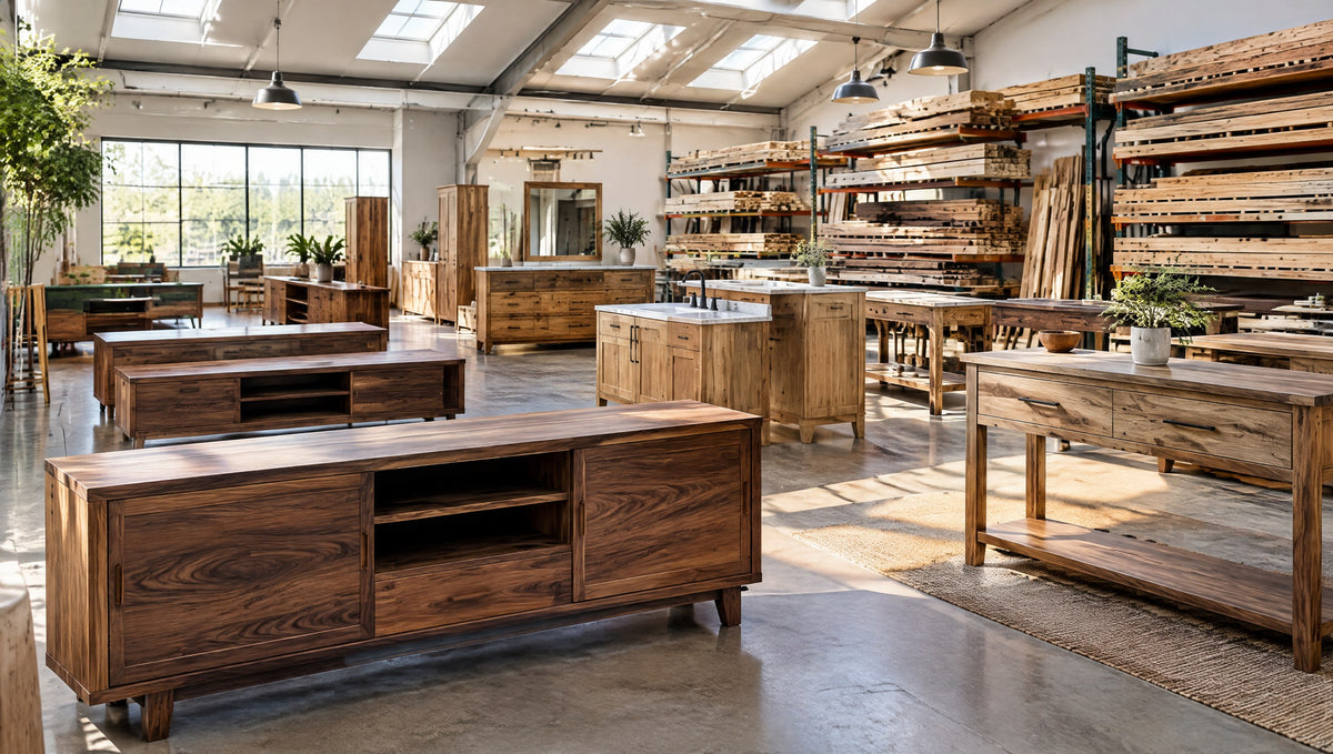 Inside a bright cabinet shop with finished solid wood TV consoles, vanities and console tables