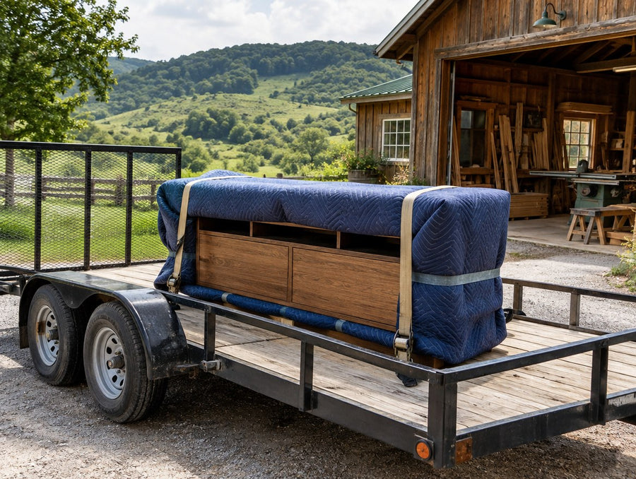 A solid wood TV console wrapped in moving blankets on a trailer at a country cabinet shop